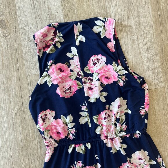 Womens Three Pink Hearts Blue with Pink Floral Print Maxi Dress - M - Picture 6 of 7